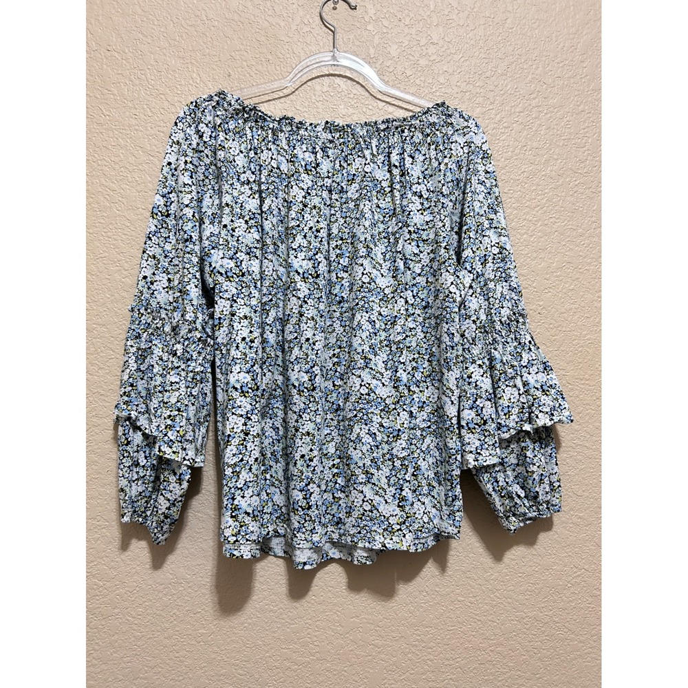 Lauren Ralph Lauren 1X Floral Off Shoulder Ruffle Blouse Blue Boho Cottagecore - Picture 2 of 10